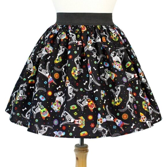 Hemet Elastic Skirt in Day of the Dead Print - Los Perros - Picture 1 of 4